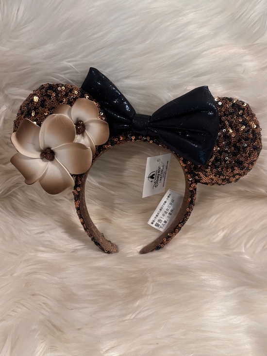Shanghai Disney Resort Brown and Cream Plumeria Sequin Minnie Ears NWT main image 6